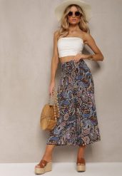 Czarno-Granatowe Spodnie Culottes z Bawełnianej Tkaniny Ozdobione Wzorem Paisley Gwinamas. Czarne spodnie materiałowe damskie Renee, bez wzorów, z bawełny. Za 39.99 zł.