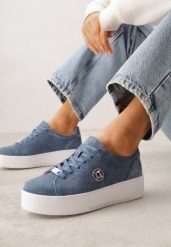 Niebieskie Skórzane Sneakersy na Platformie z Ozdobną Aplikacją z Boku Nesophia. Niebieskie obuwie sportowe damskie Renee, z jeansu, bez zapięcia. Za 179.99 zł.