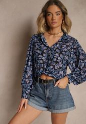 Czarna Koszula o Klasycznym Kroju w Kwiatowy Wzór Divliana. Czarne koszule damskie Renee, l, bez wzorów, eleganckie, bez kołnierzyka, bez ramiączek. Za 89.99 zł.