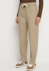 Beżowe Spodnie Bawełniane w Stylu Mom Fit ze Sznurkiem Adenelle. Brązowe spodnie materiałowe damskie Born2be, bez wzorów, z bawełny. Za 69.99 zł.