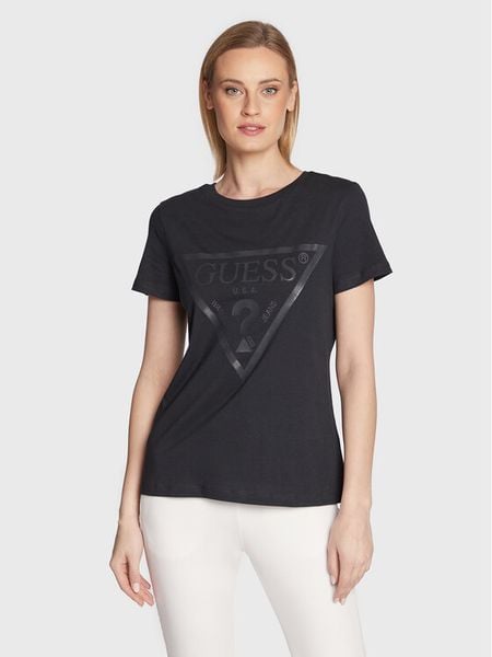 Guess T-Shirt Adele V2YI07 K8HM0 Czarny Regular Fit. Czarne t-shirty damskie Guess, l, z aplikacjami, z bawełny, bez kołnierzyka. Za 89.99 zł.