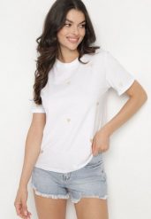 Biało-Beżowy T-shirt z Bawełny w Serca Kolavelle. Białe t-shirty damskie Born2be, l, bez wzorów, z bawełny, bez kołnierzyka. Za 59.99 zł.