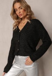 Czarny Prążkowany Kardigan Zapinany na Guziki z Metaliczną Nitką Fecka. Czarne kardigany damskie Renee, bez wzorów, z dzianiny. Za 69.99 zł.