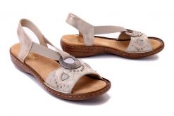 RIEKER 608B9-60 beige, sandały damskie. Brązowe sandały damskie Rieker, bez wzorów, z gumy, bez obcasa, na koturnie, bez zapięcia. Za 289.90 zł.