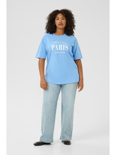 KAFFE curve Koszulka w kolorze błękitnym rozmiar: L. Niebieskie koszulki damskie KAFFE curve, l, bez wzorów, z bawełny, bez kołnierzyka, bez ramiączek. Za 56.99 zł.