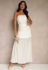 Beżowa Sukienka Koktajlowa z Dekoltem Bandeau Ozdobiona Marszczeniem Folimmea. Brązowe sukienki damskie Renee, bez wzorów, eleganckie, bez ramiączek. W wyprzedaży za 135.99 zł.