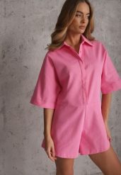Różowy Krótki Kombinezon Bawełniany w Stylu Casual Arethanise. Czerwone sukienki damskie Renee, bez wzorów, z bawełny, casualowe, bez ramiączek. Za 199.99 zł.