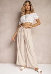 Beżowe Spodnie Palazzo High Waist z Bawełny Wykończone Gumką w Talii Nellsea. Brązowe spodnie materiałowe damskie Renee, bez wzorów, z bawełny. Za 14.99 zł.