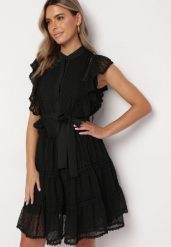 Czarna Koszulowa Sukienka Mini z Falbankami i Wiązanym Paskiem Divertire. Czarne sukienki damskie Born2be, bez wzorów, z materiału, bez ramiączek. Za 269.99 zł.