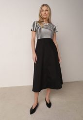 Biało-Czarna Rozkloszowana Sukienka z Bawełny Imitująca Bluzkę w Paski i Spódnicę Chathusa. Białe sukienki damskie Born2be, bez wzorów, z bawełny, klasyczne, bez ramiączek. Za 99.99 zł.