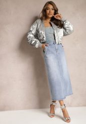 Jasnoniebieska Jeansowa Spódnica High Waist z Nitami Przy Kieszeniach Nellajoy. Niebieskie spódnice damskie Renee, na imprezę, m, bez wzorów, z jeansu, eleganckie, midi. Za 89.99 zł.
