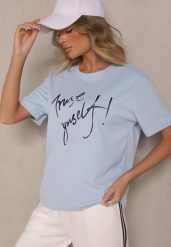 Jasnoniebieski T-shirt Zdobiony Napisem z Brokatem Tezilea. Niebieskie t-shirty damskie Renee, s, z aplikacjami, z jeansu, bez kołnierzyka. Za 29.99 zł.
