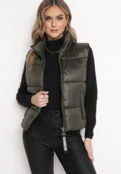 Ciemnozielona Kamizelka z Szerokim Kołnierzem Pikowana Risara. Zielone kamizelki damskie Born2be, l, bez wzorów, bez kaptura. Za 59.99 zł.