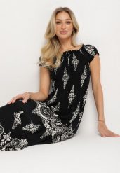Czarna Wiskozowa Sukienka z Marszczoną Góra i Wzorem Boho Ellifae. Czarne sukienki damskie Born2be, z aplikacjami, z wiskozy, boho, bez ramiączek. Za 89.99 zł.