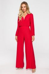 Elegancki Kombinezon z Brokatem - Czerwony. Czerwone kombinezony damskie MOE, l, bez wzorów, z elastanu, eleganckie, bez kołnierzyka, bez ramiączek. Za 306.94 zł.