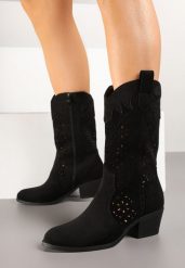 Czarne Ażurowe Botki na Obcasie w Stylu Kowbojek Lissemi. Czarne botki damskie Born2be, na jesień, z jeansu, eleganckie, bez obcasa, na obcasie, bez zapięcia. Za 129.99 zł.