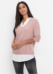 Sweter z koszulową wstawką. Szare swetry klasyczne damskie bonprix, bez kołnierzyka. Za 129.99 zł.