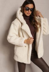 Jasnobeżowa Futerkowa Kurtka Teddy z Kapturem z Wsuwanymi Kieszeniami Gerovia. Brązowe kurtki damskie Renee, l, bez wzorów, z jeansu, z kapturem. Za 219.99 zł.