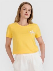 4F T-shirt regular z nadrukiem damski - żółty XL. Żółte t-shirty damskie 4F, xl, z aplikacjami, z bawełny, bez kołnierzyka. W wyprzedaży za 39.99 zł.