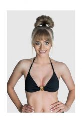MOSCHINO SWIM Góra od bikini złote metalowe logo. Czarne bikini MOSCHINO, bez wzorów, z poliamidu. W wyprzedaży za 269.99 zł.