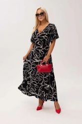 Sukienka kopertowa Valencia Mono MAXI z falującym rękawem i kobiecym dekoltem PLUS SIZE XXL OVERSIZE WIOSNA LATO. Białe sukienki damskie Moda Size Plus Iwanek, bez wzorów, z elastanu, eleganckie, bez ramiączek. Za 359.90 zł.