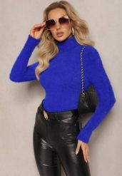 Granatowy Golf z Dzianiny z Długim Włosem i Dodatkiem Wełny Gerdonna. Niebieskie golfy damskie Renee, bez wzorów, z dzianiny, bez ramiączek. Za 59.99 zł.