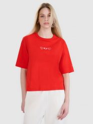 4F T-shirt oversize z nadrukiem damski - czerwony XXL. Czerwone t-shirty damskie 4F, xs, bez wzorów, z bawełny, bez kołnierzyka. W wyprzedaży za 39.99 zł.