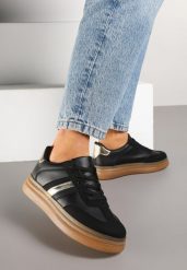 Czarne Sneakersy w Stylu Tenisówek Ozdobione Metaliczną Aplikacją Tihanor. Czarne obuwie sportowe damskie Renee, z jeansu, bez zapięcia, tenisowe. Za 74.99 zł.