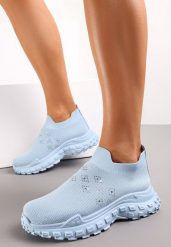 Jasnoniebieskie Buty Sportowe na Grubej Podeszwie z Elastyczną Cholewką z Cyrkoniami Kolby. Niebieskie obuwie sportowe casual damskie Renee. Za 49.99 zł.