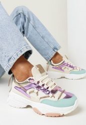 Beżowo-Fioletowe Sneakersy z Dekoracyjnym Sznurkiem z Cyrkoniami Katalynne. Brązowe obuwie sportowe damskie Born2be, z jeansu, bez zapięcia. Za 129.99 zł.