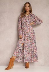 Fioletowa Sukienka Koszulowa w Kwiaty Mirannie. Fioletowe sukienki damskie Renee, bez wzorów, boho, bez ramiączek. W wyprzedaży za 43.99 zł.