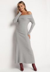 Szara Rozkloszowana Sukienka z Wiskozą i Odkrytymi Ramionami Siannela. Szare sukienki damskie Born2be, bez wzorów, z jeansu, eleganckie, bez ramiączek. W wyprzedaży za 161.49 zł.