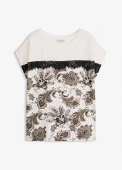 Koszulka oversize z koronkową tasiemką. Brązowe bluzki damskie bonprix, bez wzorów, z koronki, eleganckie, bez kołnierzyka, bez ramiączek. Za 27.99 zł.