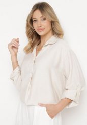 Beżowa Bluzka Wiskozowa Zapinana przy Dekolcie na Guziki z Kołnierzykiem Aserat. Brązowe bluzki damskie Born2be, uniwersalny, bez wzorów, z wiskozy, eleganckie, bez kołnierzyka, bez ramiączek. Za 79.99 zł.