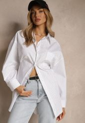 Biała Bawełniana Koszula z Ozdobną Kieszenią i Paskami Haloniea. Białe koszule damskie Renee, z aplikacjami, z bawełny, eleganckie, bez kołnierzyka, bez ramiączek. Za 99.99 zł.