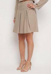 Beżowa Spódnica w Delikatne Paski o Rozkloszowanym Kroju z Plisami Redamara. Brązowe spódnice damskie Born2be, na co dzień, m, bez wzorów, eleganckie, mini. Za 79.99 zł.