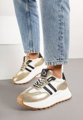 Biało-Złote Sznurowane Sneakersy Vices na Grubej Podeszwie z Metaliczną Wstawką Nelenia. Białe obuwie sportowe damskie Born2be, z jeansu, bez zapięcia. Za 119.99 zł.