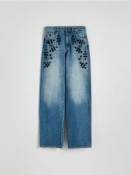 Jeansy wide leg z aplikacjami - niebieski. Niebieskie jeansy damskie Reserved. W wyprzedaży za 179.99 zł.