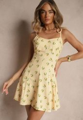 Żółta Sukienka na Cienkich Wiązanych Ramiączkach w Cytrynowy Print Efrinira. Żółte sukienki damskie Renee, bez wzorów, eleganckie, bez ramiączek. W wyprzedaży za 75.99 zł.