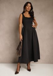 Czarna Sukienka o Rozkloszowanym Kroju na Szerokich Ramiączkach Retelina. Czarne sukienki damskie Renee, bez wzorów, eleganckie, bez ramiączek. Za 159.99 zł.