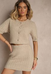 Beżowa Spódnica Sweterkowa z Wełną High Waist Selzeki. Brązowe spódnice damskie Renee, do pracy, bez wzorów, z wełny, biznesowe, mini. Za 99.99 zł.