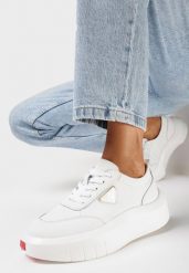 Białe Sneakersy ze Skóry Naturalnej na Platformie Rilafi. Białe obuwie sportowe damskie Born2be, ze skóry, bez zapięcia. Za 189.99 zł.