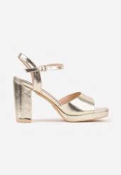 Złote Sandały VICES na Słupku i Platformie z Wkładką ze Skóry Naturalnej Azimara. Żółte sandały damskie Born2be, bez wzorów, ze skóry, bez obcasa, na obcasie, bez zapięcia. Za 109.99 zł.