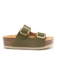 Mandel Skórzane klapki w kolorze khaki rozmiar: 37. Brązowe klapki damskie Mandel, bez wzorów, ze skóry, z otwartym noskiem, bez obcasa, na platformie, bez zapięcia. Za 171.28 zł.