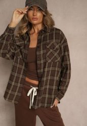 Brązowa Koszula z Bawełny i Wiskozy w Kratę Catilea. Brązowe koszule damskie Renee, m, bez wzorów, z bawełny, boho, bez kołnierzyka, bez ramiączek. Za 99.99 zł.