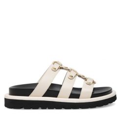 Klapki Badura. Białe klapki damskie Badura, bez wzorów, bez obcasa, bez zapięcia. Za 229.99 zł.