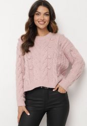 Różowy Sweter z Wiskozą i Wełną Aplikacją 3D i Tłoczeniem Vaishira. Czerwone swetry klasyczne damskie Born2be, na zimę, m, z wełny, bez kołnierzyka. Za 89.99 zł.