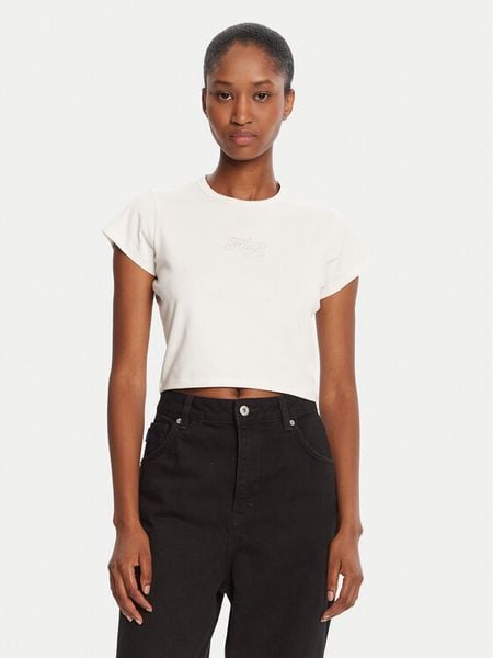 HUGO T-Shirt Rhinestone 50551404 Écru Slim Fit. T-shirty damskie Hugo, xxl, bez wzorów, z bawełny, bez kołnierzyka. Za 149.99 zł.