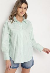 Zielona Bawełniana Koszula Oversize w Prążki Zdobiona Metaliczną Nicią Paserella. Zielone koszule damskie Born2be, l, z aplikacjami, z bawełny, eleganckie, bez kołnierzyka, bez ramiączek. Za 89.99 zł.
