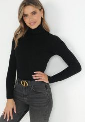 Czarny Golf Oranya. Czarne golfy damskie Born2be, l, bez wzorów, z dzianiny, bez ramiączek. Za 39.99 zł.